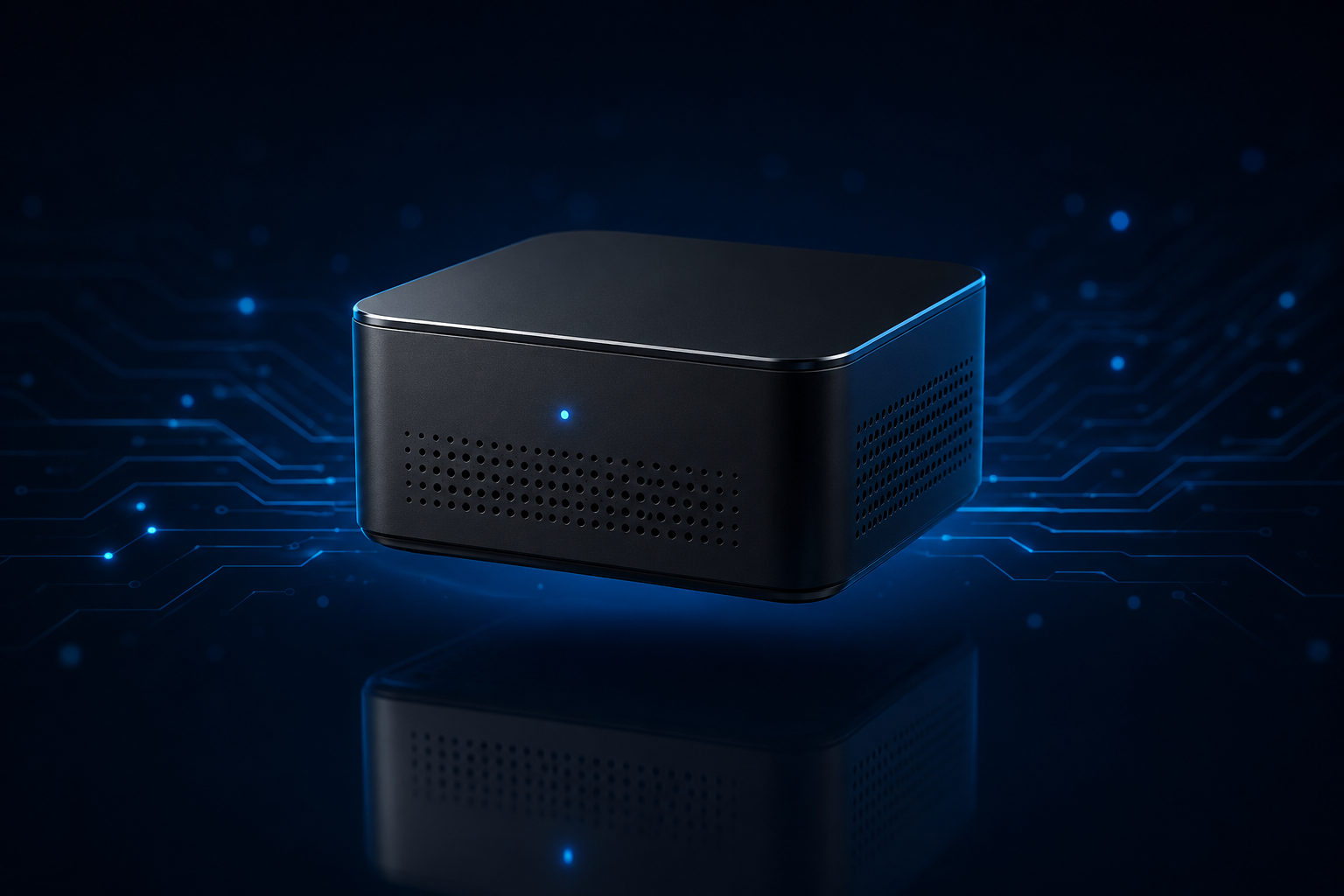 Compact black mini-PC render — entry-tier private AI box