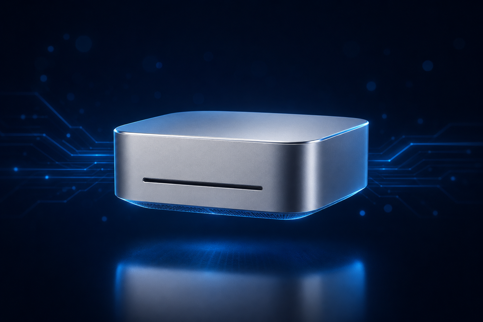 Compact silver mini-desktop render — entry-tier private AI box