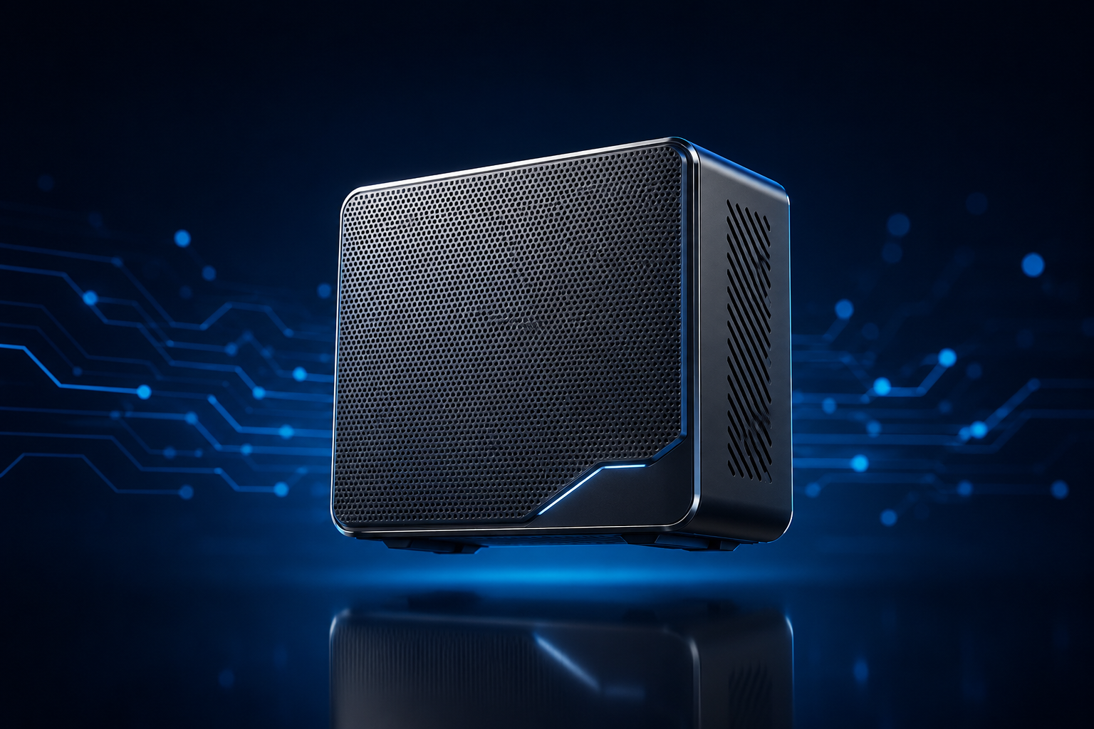 Mesh-front compact desktop render — standard-tier private AI box