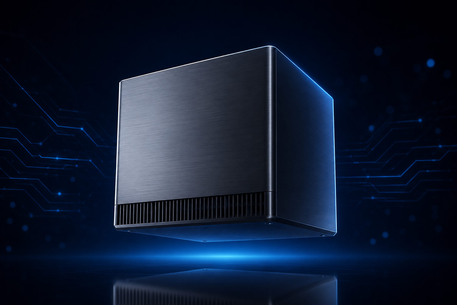 Brushed-metal cube desktop render — standard-tier private AI box
